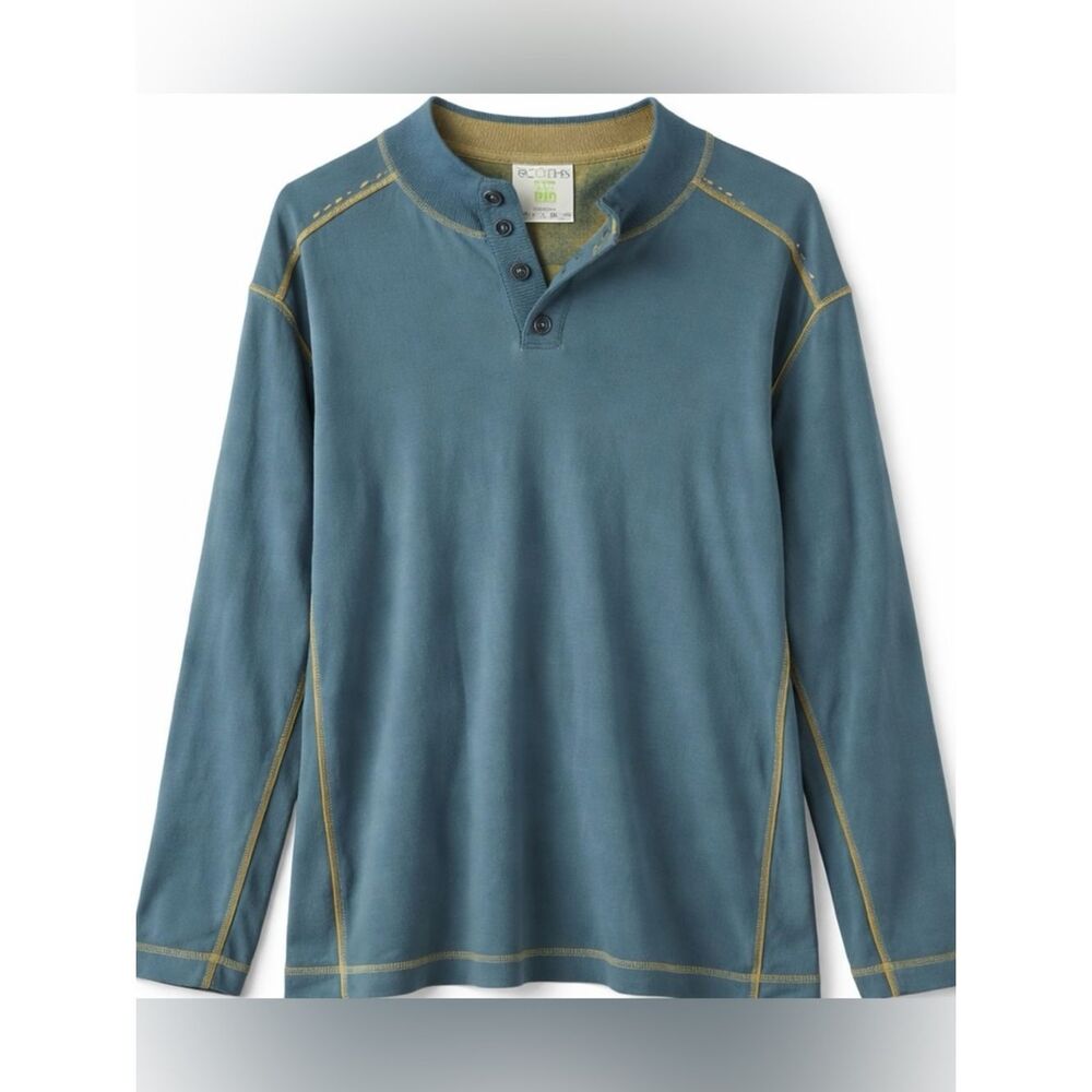 Ecoths Henley Shirt Organic Cotton Long Sleeve Blue Green Men XL
